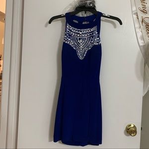 royal blue beaded open back cocktail dress